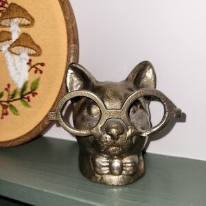 Bronze Cat Figurine with Glasses